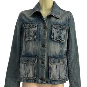 H&M LOGG Women's Denim Jacket Size 6 Distressed Blazer Pockets Utility